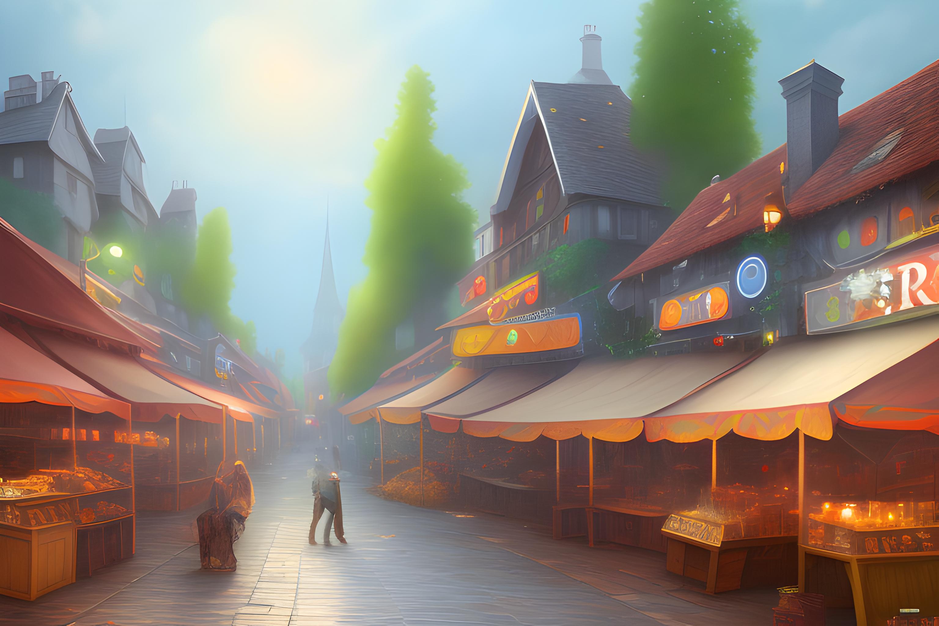 Une place du marché médiévale fantasy vue depuis une rue pavée avec une taverne par une journée ens…